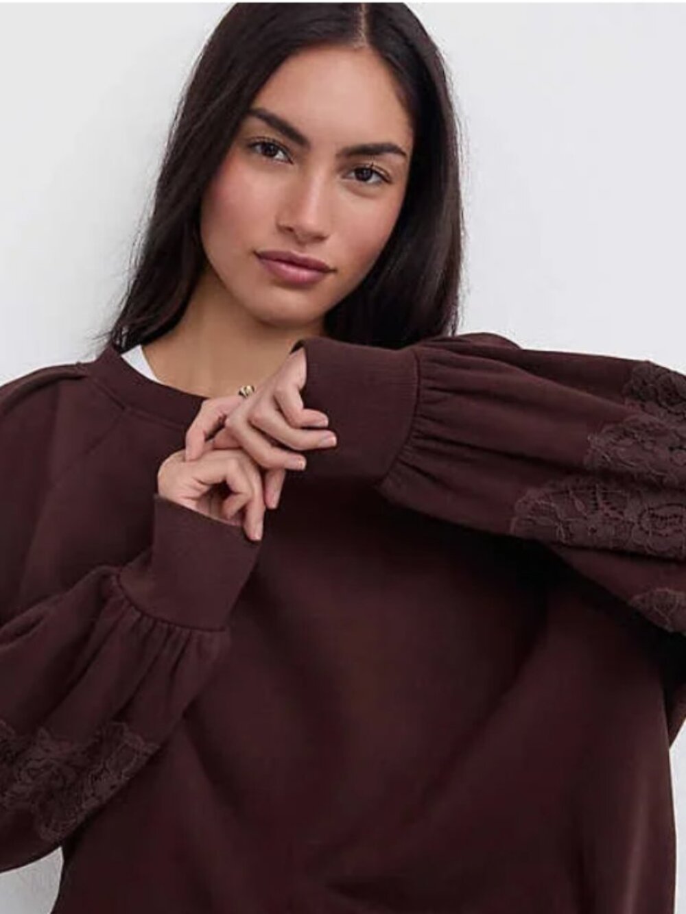 LOFT Brown Pullover Crewneck with Lace Detail Size Medium